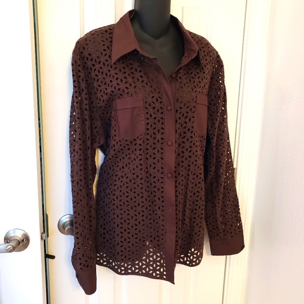Susan Graver Style shirt, blouse, cover up fall chocolate brown XL